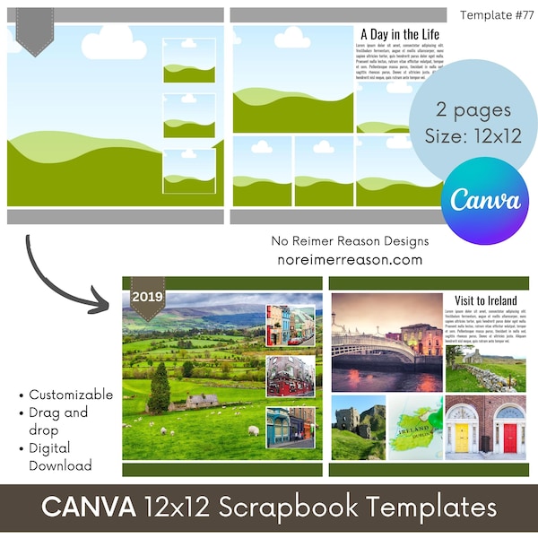 CANVA 12x12 Scrapbook Templates, Fully Customizable and Editable Photo Collage for Easy Scrapbooking, Premade Storyboard Page Layout