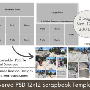 12x12 Digital Scrapbook Template, Scrapbooking Page Layout, Photo Collage Page Layout Template, Panorama, Family Reunion, Scenery 95 image 2