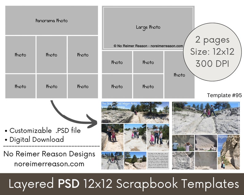 12x12 Digital Scrapbook Template, Scrapbooking Page Layout, Photo Collage Page Layout Template, Panorama, Family Reunion, Scenery 95 image 2