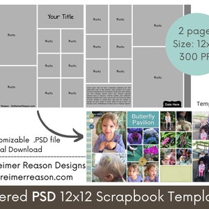 12x12 Digital Scrapbooking Page Template, Scrapbook Layout Photoshop PSD Template, Scrapbook Album Page, 12x12 Scrapbook Template 83 image 2