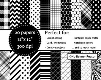 Black and White Pattern Digital Paper Pattern Pack, 12x12, Scrapbooking Kit, Cards and Invitations, paper crafts, printables, art projects