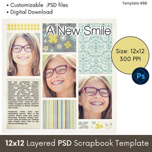 12x12 Digital Scrapbook Templates, Photobook Page Layouts, Photoshop PSD Photo Collage Template, Premade Page Layout Design, Template #98