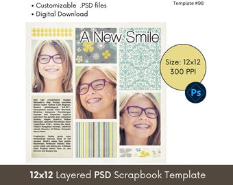 12x12 Digital Scrapbook Templates, Photobook Page Layouts, Photoshop PSD Photo Collage Template, Premade Page Layout Design, Template #98