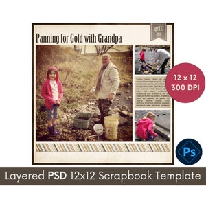 12x12 Digital Scrapbooking Template, Photoshop PSD Layered Template, Photo Collage Scrapbook Page Layout, Memory Book Storyboard Photo Album