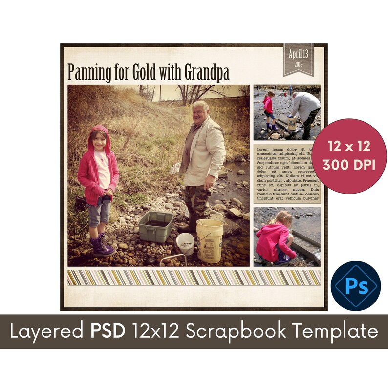 12x12 Digital Scrapbooking Template, Photoshop PSD Layered Template, Photo Collage Scrapbook Page Layout, Memory Book Storyboard Photo Album image 1