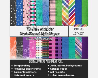 12x12 Digital Music Pattern Papers and Scrapbook Kit, Perfect for chorus, choir, band or music performances, Card Making, Printables, crafts