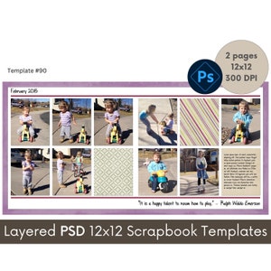 12x12 Digital Scrapbook Template, Photo Collage Scrapbooking Page Layout, Photoshop PSD Template, Storyboard Photobook Memory Book Page, #90