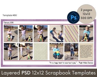 12x12 Digital Scrapbook Template, Photo Collage Scrapbooking Page Layout, Photoshop PSD Template, Storyboard Photobook Memory Book Page, #90