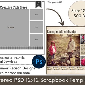 12x12 Digital Scrapbooking Template, Photoshop PSD Layered Template, Photo Collage Scrapbook Page Layout, Memory Book Storyboard Photo Album image 2