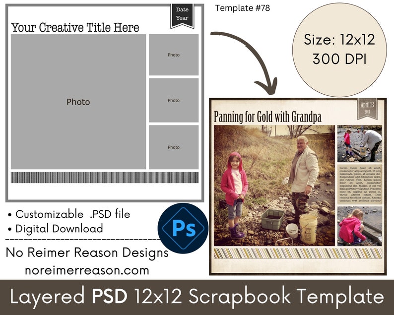 12x12 Digital Scrapbooking Template, Photoshop PSD Layered Template, Photo Collage Scrapbook Page Layout, Memory Book Storyboard Photo Album image 2