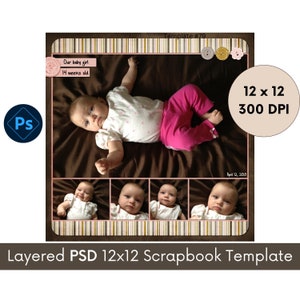 12x12 Digital Scrapbooking Template, Photoshop PSD Photo Collage Page Layout perfect for Baby Memory Book or Photobook, Storyboard #79