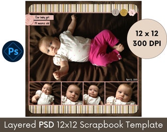12x12 Digital Scrapbooking Template, Photoshop PSD Photo Collage Page Layout perfect for Baby Memory Book or Photobook, Storyboard #79