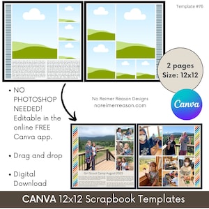 Puede incluir: Una plantilla de álbum de recortes digital para Canva con un borde rayado de colores y un collage de fotos de chicas en un campamento de Girl Scouts. La plantilla es de 12x12 pulgadas e incluye el texto "Girl Scout Camp August 2023".