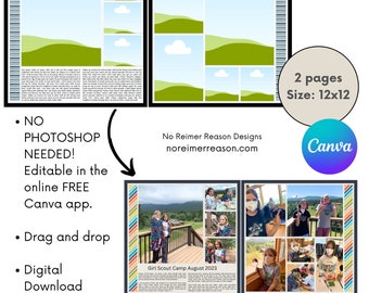 CANVA 12x12 Scrapbook Templates, Fully Customizable and Editable Photo Collage for Easy Scrapbooking, Premade Storyboard Page Layout #76