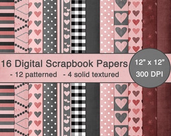 12x12 Digital Scrapbook Kit for Valentines Day, Scrapbooking Pattern Paper Pack, Love Downloadable Scrapbooking, Holiday scrapbook paper