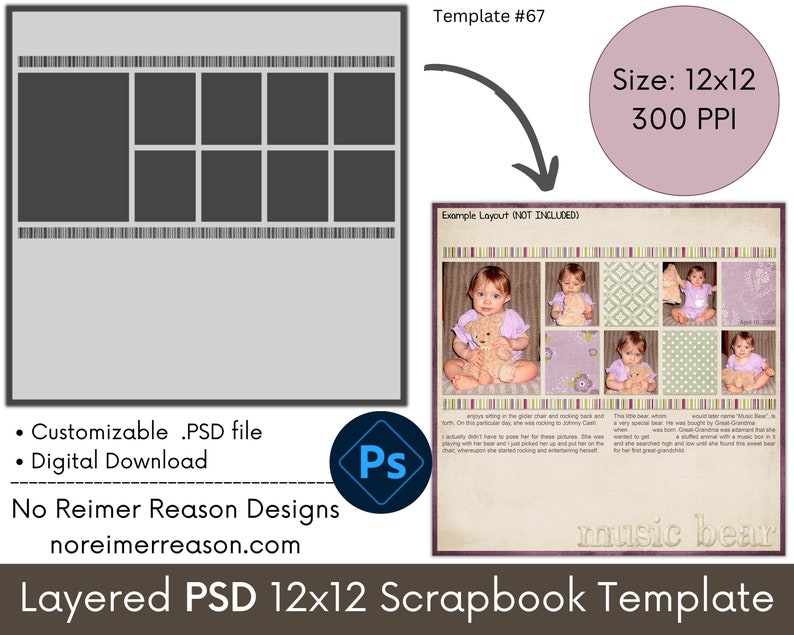 12x12 Digital Scrapbooking Template Scrapbook Page Layout 12x12 Scrapbook Album Premade Scrapbook Page Template, Photoshop, Photobook, 67 image 2