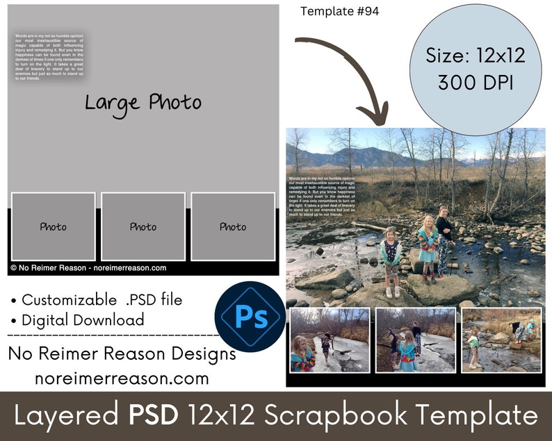 12x12 Scrapbook Template, Photo Collage Page Layout for Digital Scrapbooking, Photoshop PSD, perfect for highlighting beautiful scenery 94 image 2
