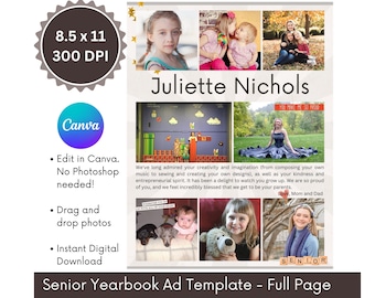 Senior Yearbook Ad Template Editable in Canva, Full Page 8.5x11 Photo Collage, Scrapbook Page Layout, Graduation Display Digital Download