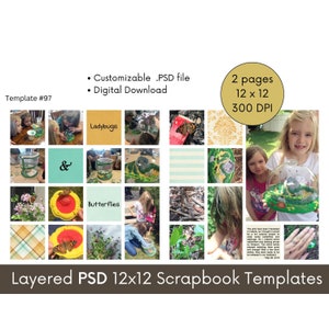 12x12 Digital Scrapbook Template for Photoshop, Collage Page Layout Template, Photoshop PSD Two-Page Photobook Scrapbooking Template #97
