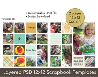 12x12 Digital Scrapbook Template for Photoshop, Collage Page Layout Template, Photoshop PSD Two-Page Photobook Scrapbooking Template #97