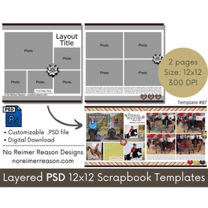 12x12 Digital Scrapbooking Page Layout Template, Photo Collage Template, Photoshop PSD Scrapbook Template, 2 page scrapbooking layout #87