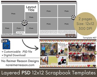 12x12 Digital Scrapbooking Page Layout Template, Photo Collage Template, Photoshop PSD Scrapbook Template, 2 page scrapbooking layout #87