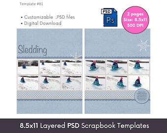 8.5x11 Digital Scrapbook Template for Photoshop, Photo Collage Page Layout, Scrapbooking Template PSD download, Photobook Pages, Storyboard