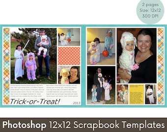 12x12 Digital Scrapbook Template, Photoshop Page Layout, Photo Collage Template, Premade Pages for Scrapbooking, Two-Page PSD editable