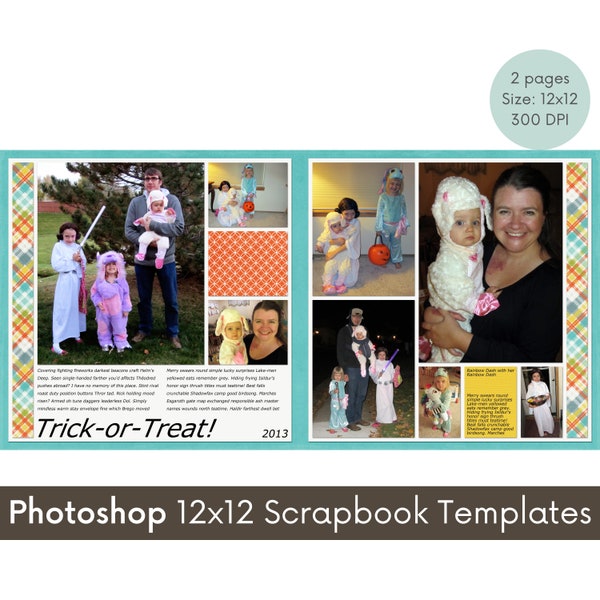 12x12 Digital Scrapbook Template, Photoshop Page Layout, Photo Collage Template, Premade Pages for Scrapbooking, Two-Page PSD editable