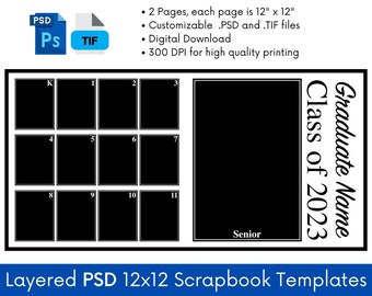 Digital School K-12 Scrapbook Template, School Years Photo Collage, Graduation Gift Picture Display Printable, 12x12 Scrapbook Page Layout