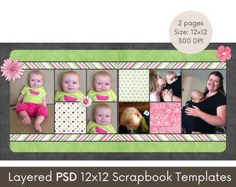 12x12 Digital Scrapbook Layout Template, Photoshop PSD Collage Page, Perfect for Baby, Travel, Family, or Birthday Scrapbooking Layouts #80