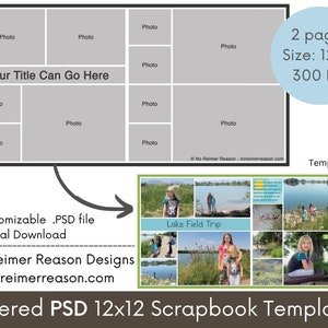 12x12 Digital Scrapbooking Template for Photoshop, Editable PSD file, Photo Collage Scrapbook Page Layout, Premade Template, Two Page Layout image 2