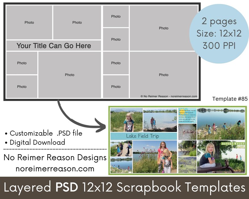 12x12 Digital Scrapbooking Template for Photoshop, Editable PSD file, Photo Collage Scrapbook Page Layout, Premade Template, Two Page Layout image 2