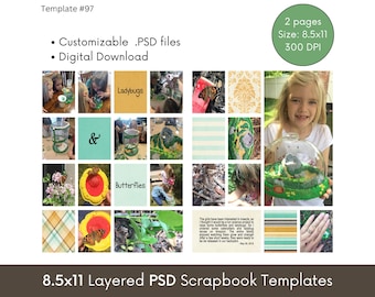 8.5x11 Digital Scrapbook Template for Photoshop, Photo Collage Page Layout Template, Editable Photoshop PSD, Two-Page Photobook Pages