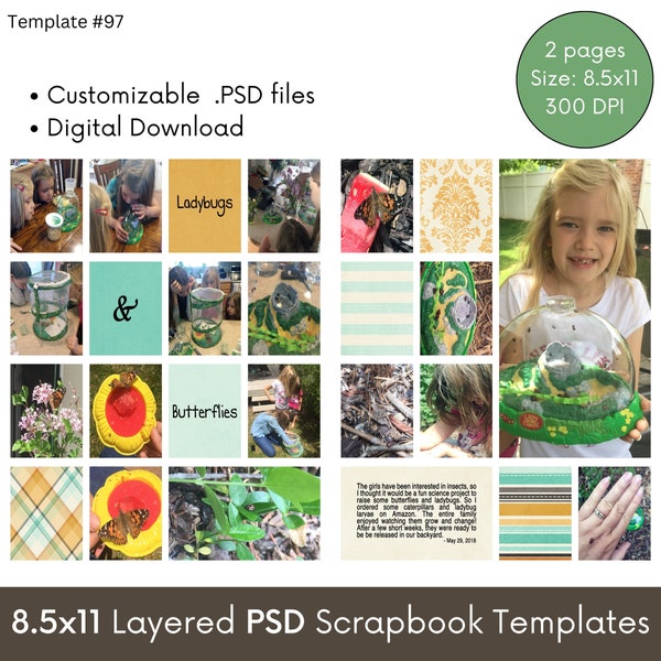 8.5x11 Digital Scrapbook Template for Photoshop, Photo Collage Page Layout Template, Editable Photoshop PSD, Two-Page Photobook Pages