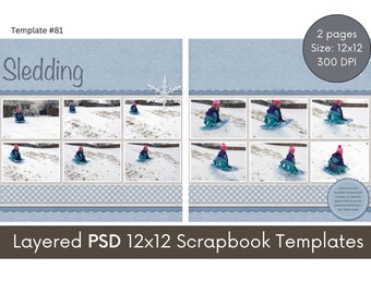 12x12 Digital Scrapbook Page Template, Scrapbooking Photobook Layout, photoshop PSD Collage Page Layout, Memory Book Page #81