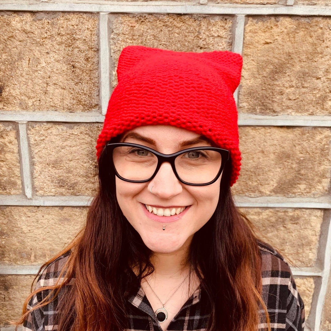 Bright Red Cat Ear Beanie Double Thickness Chunky Knitted Etsy