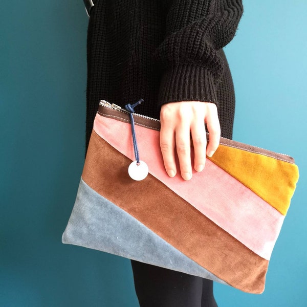 Mabel Sheppard striped vintage velvet clutch bag / handbag organiser gold pink brown blue hand made in London UK