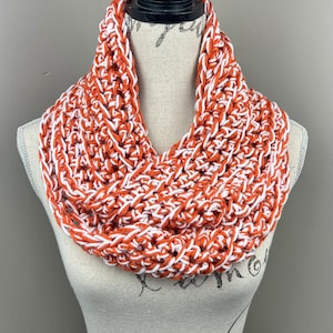 Crochet scarf, orange white mix infinity loop crochet scarf