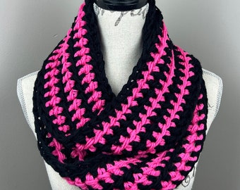 Infinity scarf, crochet bright pink and black striped chunky knit scarf