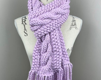 Knit scarf with fringe, open ended purple cable knit chunky knitted scarf
