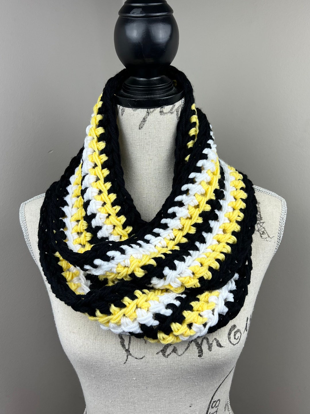 Infinity Scarf, Crochet Black White Yellow Striped Scarf - Etsy