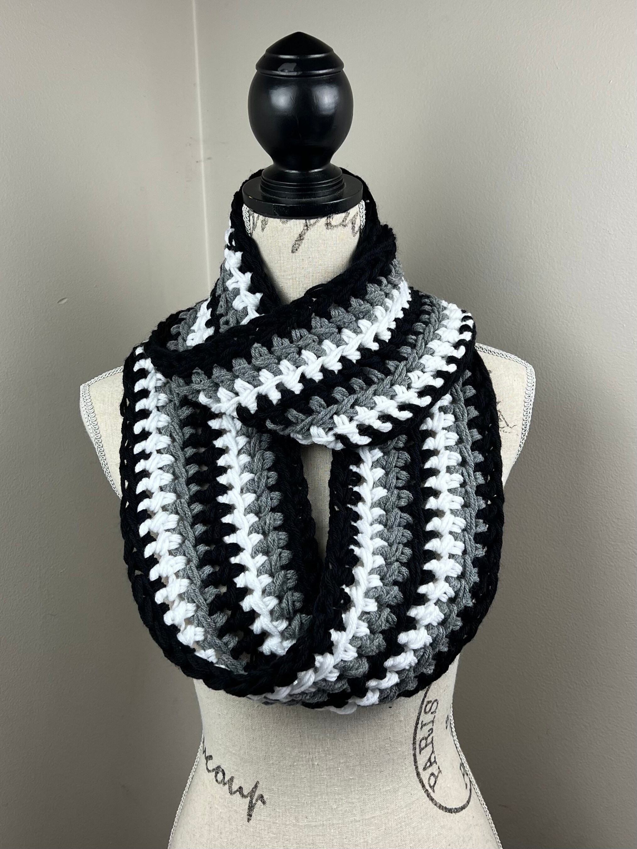 Infinity Scarf, Crochet Chunky Scarf Black White Grey Striped Scarf - Etsy