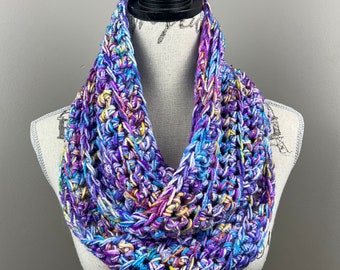 Crochet scarf, purple blue yellow multicolor infinity scarf