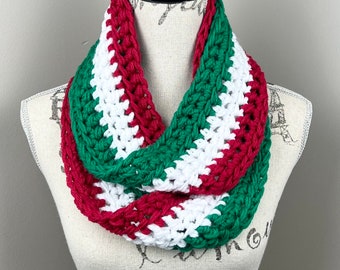 Crochet scarf, red green and white striped infinity scarf, Christmas scarf, holiday scarf