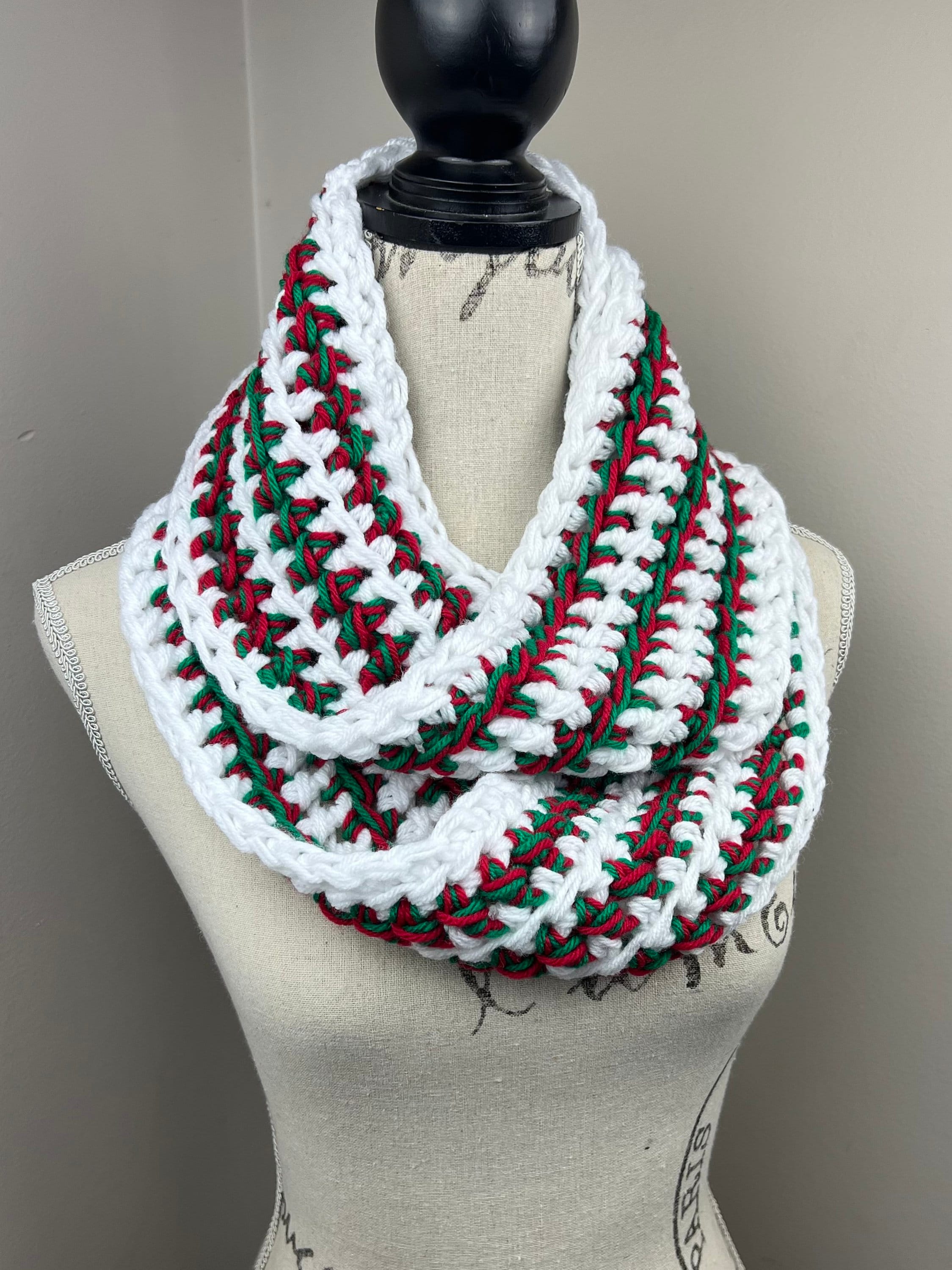Crochet Scarf, Red Green Mix and White Striped Infinity Scarf