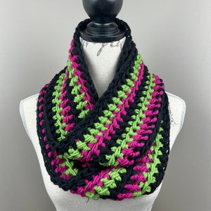 Crochet scarf, green orchid black infinity scarf