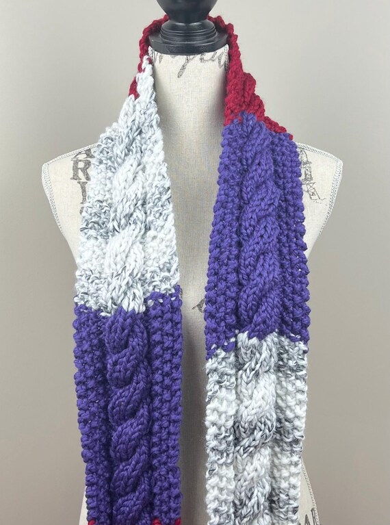 Knit Scarf, Red White Black Purple Cable Knit Chunky Knitted