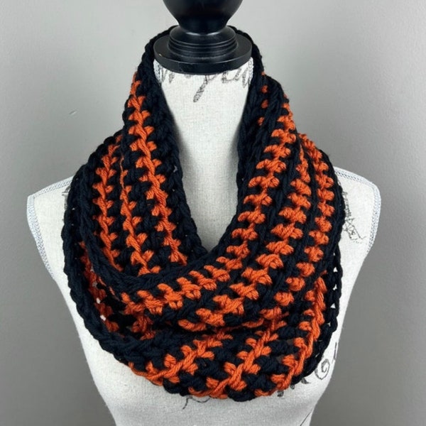 Infinity scarf, Halloween crochet orange and black striped chunky knit scarf