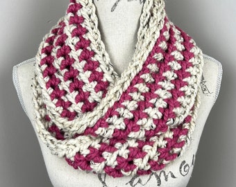 Crochet infinity scarf, Chunky crochet scarf oatmeal and raspberry striped
